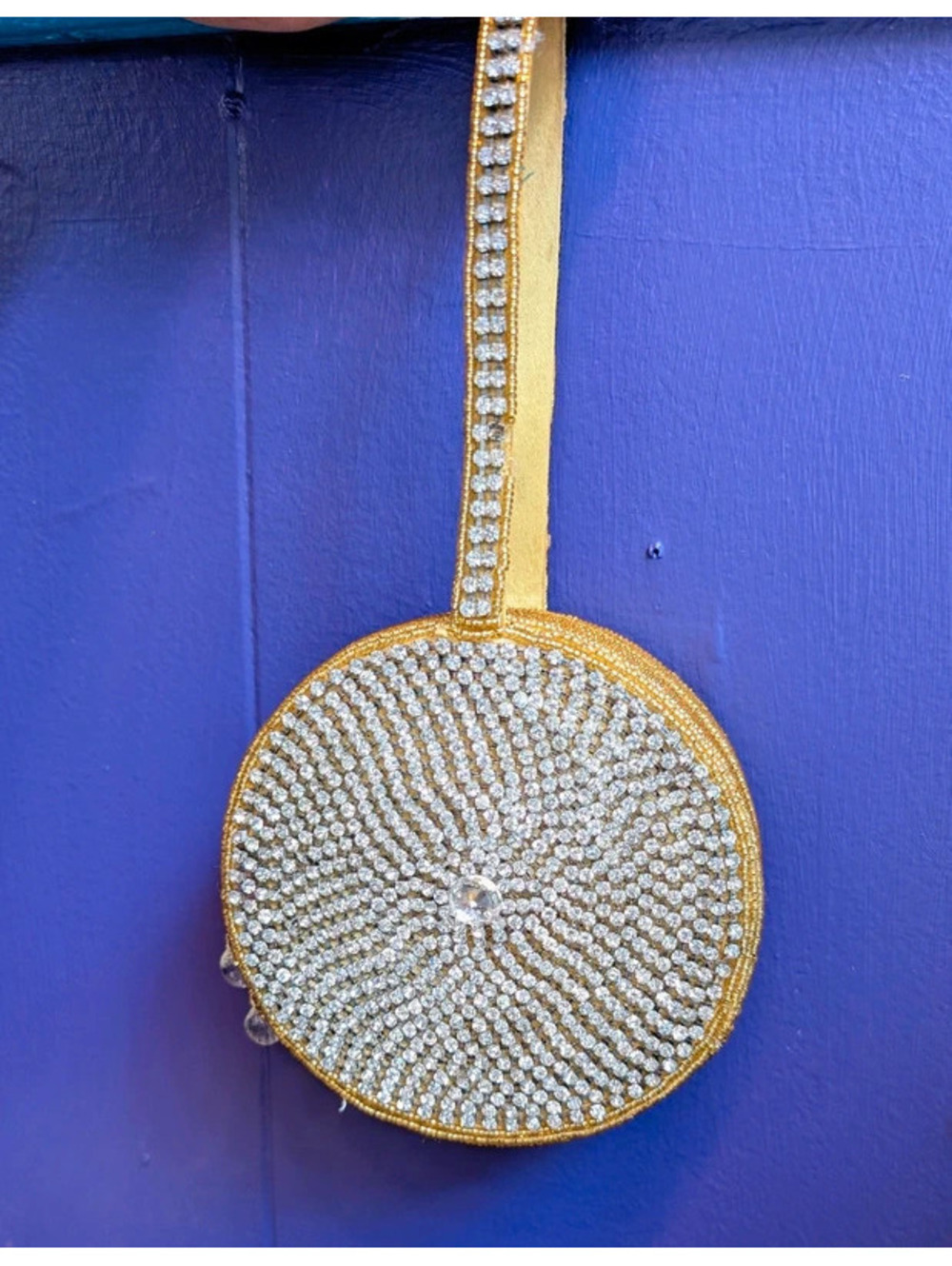 Vintage 90s Rhinestone Gold Beaded Round Formal Wrist Bag